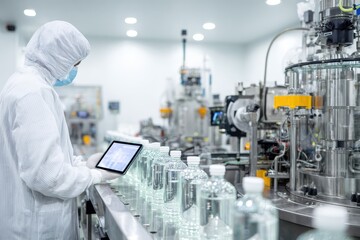 Technician inspects production line, sterile facility