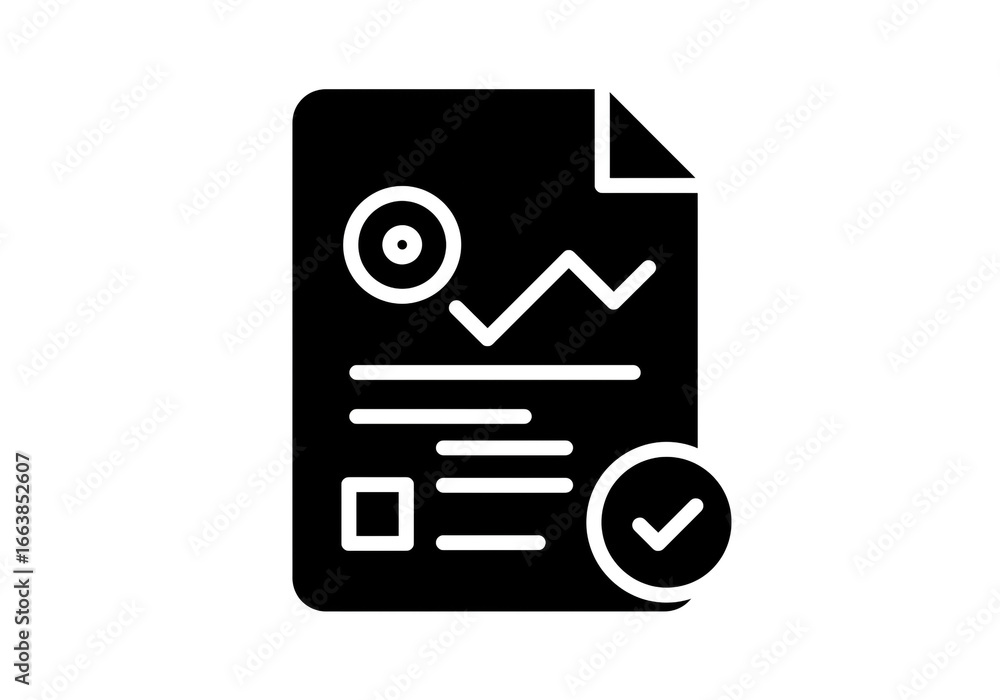 Poster black and white icon of a document with a chart and a check mark indicating completion status