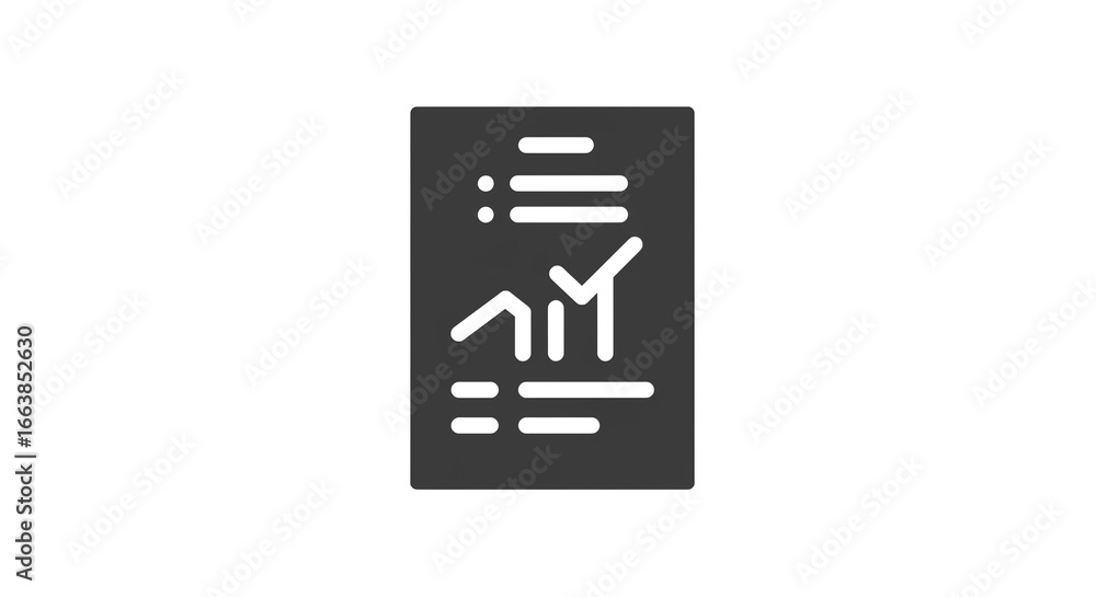 Poster A dark gray icon of a business report with a line graph and bullet points on a white background