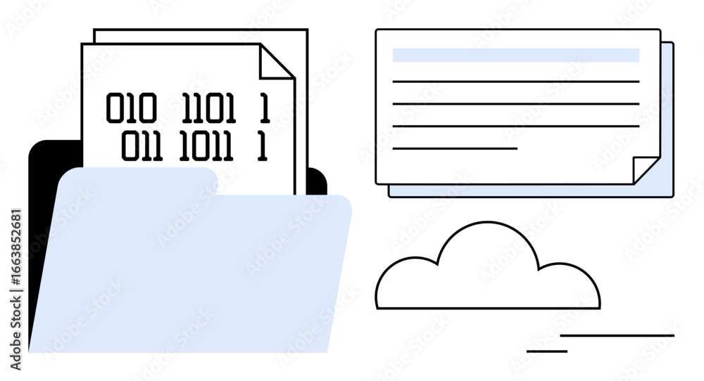 Poster folder with binary files, digital documents, and cloud symbol representing data storage, cloud compu