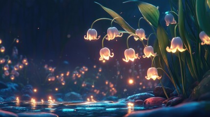 Glowing Lilies by Night Stream in Mystic Forest