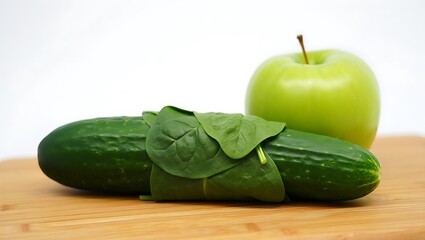 Healthy Eating Food Freshness Natural Ingredients Green Apple Cucumber Spinach Arrangement on Wooden Board