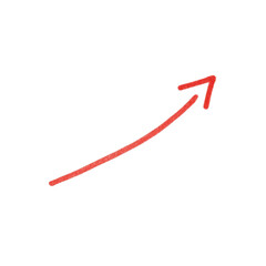 Red arrow up hand-drawn doodle with curved stroke, scribble, brush and swirl elements, infographic chart, artistic diagram, dynamic clip art, three-dimensional design, grunge style, editable design
