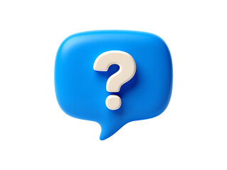 3D Render: Blue Speech Bubble with White Question Mark;  Friendly, Curious, Help Concept.