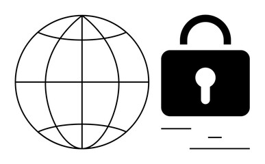Globe grid represents worldwide connectivity, paired with a padlock symbolizing cybersecurity, privacy, and protection. Ideal for technology, internet security, data privacy, global network