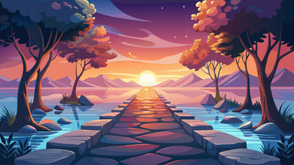 Path of stone leads forward, glowing sunset painting sky, calm water reflecting distant trees, vibrant hues shimmering brightly, timeless serenity unfolds gracefully, delicate harmony between light, n