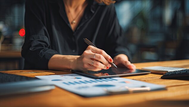 Woman reviewing finances on tablet, cafe, sunset - Powered by Adobe