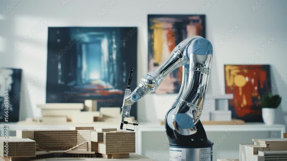 Poster robotic arm holding object over building model, automated architecture design, precision technology,