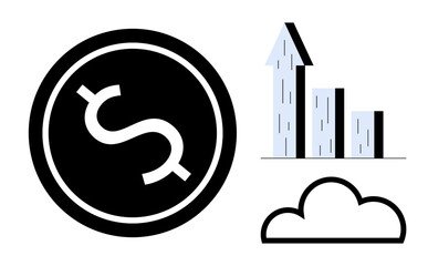 Dollar sign in bold black circle, rising bar chart with arrow, and cloud outline symbolize financial success, data analytics, and modern cloud technology. Ideal for finance, growth, analytics