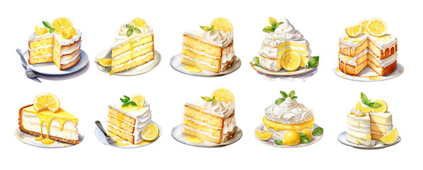 Lemon Cake Clipart Set – 30 Watercolor Dessert Illustrations with Lemon Cream Layers & Whipped Topping
