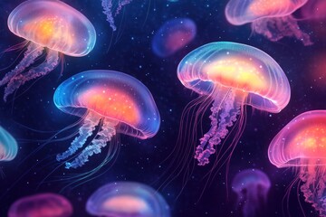 Jellyfish Seamless Pattern With Neon Glow Effect. Underwater Jellyfish Design Texture. Jellyfish Tentacles Background. Detailed Jellyfish Pattern With Copy Space. Abstract Marine Texture For Designers