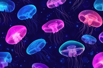 Jellyfish Seamless Pattern With Neon Glow Effect. Underwater Jellyfish Design Texture. Jellyfish Tentacles Background. Detailed Jellyfish Pattern With Copy Space. Abstract Marine Texture For Designers