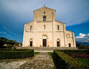 Fototapeta premium Ancient stone church facade, landscaped grounds
