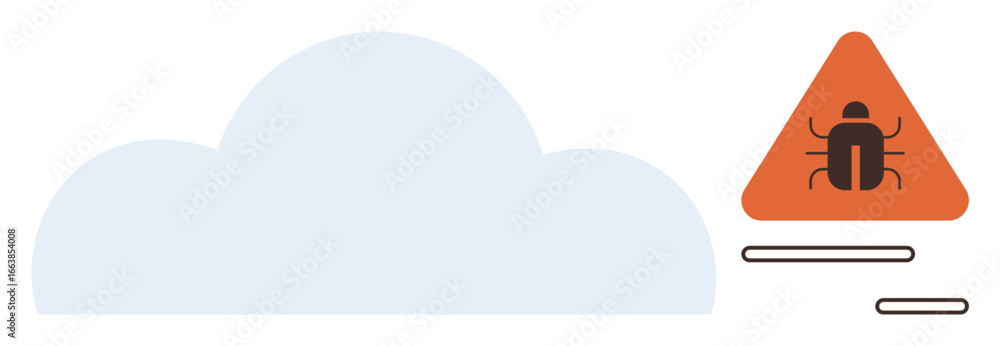Poster cloud icon with orange warning triangle containing bug symbol suggests security risks. ideal for cyb