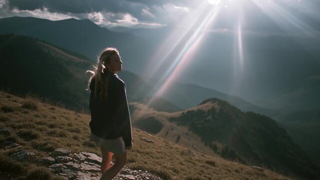 Young Woman Hiking Mountain Peaks with Dramatic Flash Photography