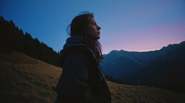 Young Woman Hiking Mountain Peaks with Dramatic Flash Photography