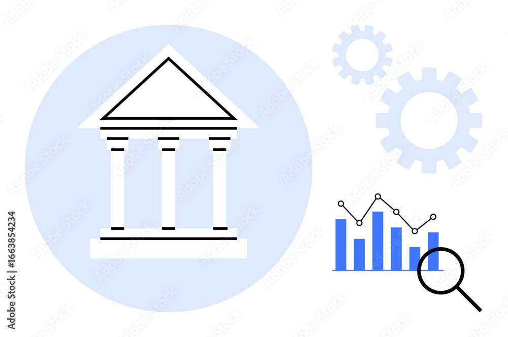 Aufkleber courthouse-style building alongside bar chart with data trendline under magnification. gears for pro