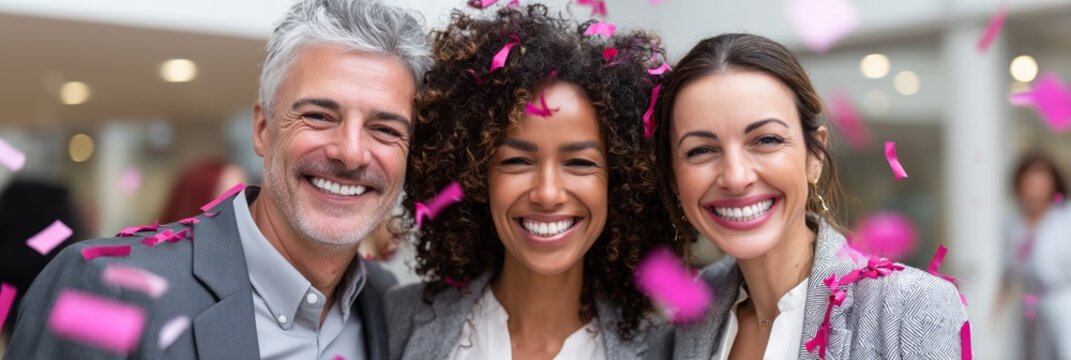 A diverse group of business people, a man, a caucasian woman, and an african american woman, celebrate with pink confetti.