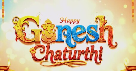 Vibrant and festive Ganesh Chaturthi celebration with ornate lettering, warm lighting, and traditional design elements for a joyous occasion