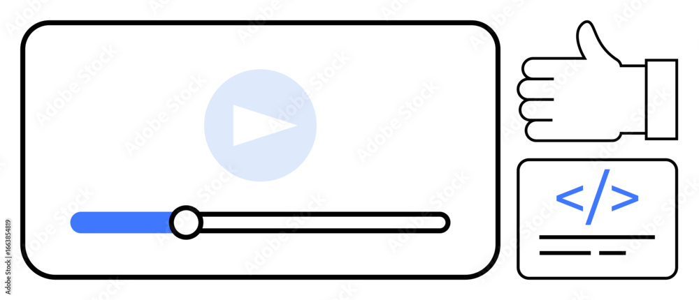 Poster media player interface with play button, progress bar, thumbs-up icon, coding block. ideal for video
