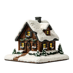 Cozy snowy village house with glowing warm light in window perfectly detailed and centered on white background, isolated