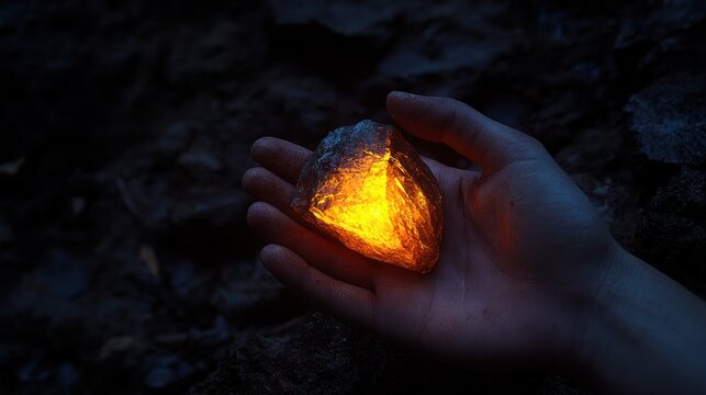 Glowing stone held in hand, dark forest background, mystery, possible use as a spiritual concept image