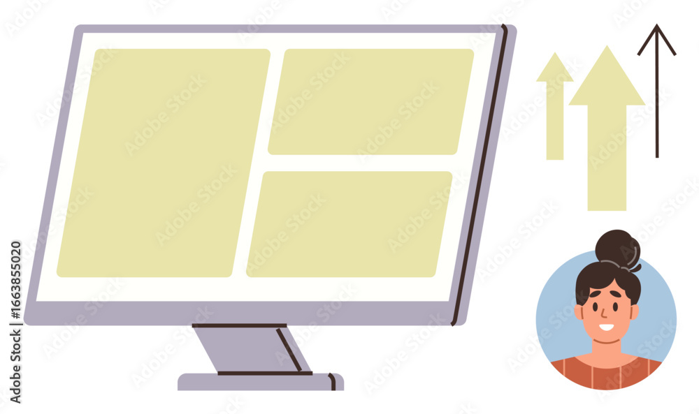 Poster desktop screen displaying data layout, chart arrows indicating growth. smiling woman representing us