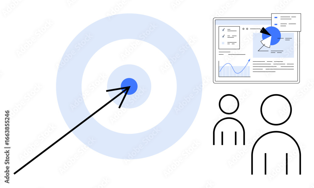 Poster bullseye target with arrow, analytics dashboard with graphs, two individuals symbolizing teamwork. i