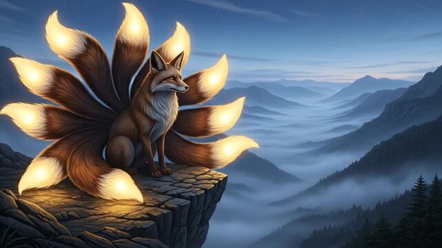 A mystical nine tailed fox with glowing tails sitting on a cliff overlooking a misty mountain valley at night.
