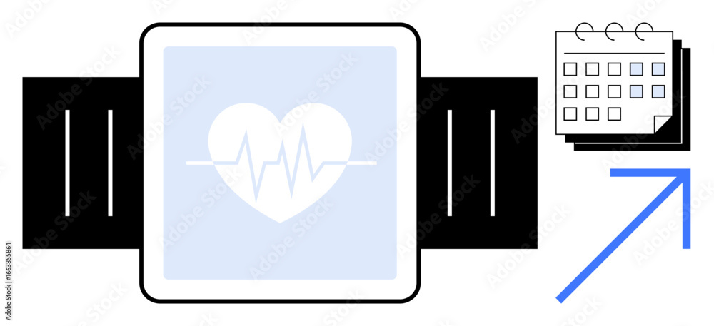 Poster smartwatch displaying heart rate icon next to stacked calendar pages and upward arrow. ideal for hea