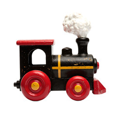 Vintage wooden toy train engine with white steam beautifully hand painted perfect for nostalgic and playful themes, isolated