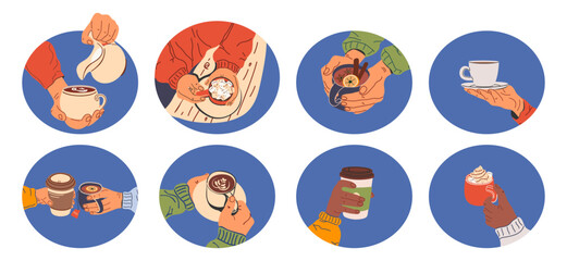 Round stickers with coffee cups in hand. Hot drinks in ceramic mugs and paper cups for takeaway. Cappuccino, cocoa with marshmallow, tea, espresso, and Americano. Flat vector illustration. Isolated.