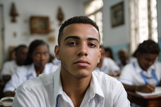 Young man student sitting in classroom with classmates for education. Youth learning and development concept for academic programs.