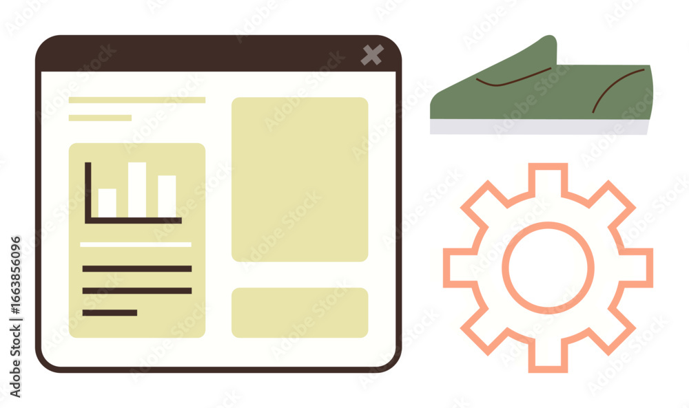 Poster analytics dashboard window with data, gear for settings, and shoe symbolizing e-commerce. ideal for 