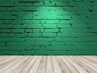 Brick wall with spotlight. Green interior background wooden floor