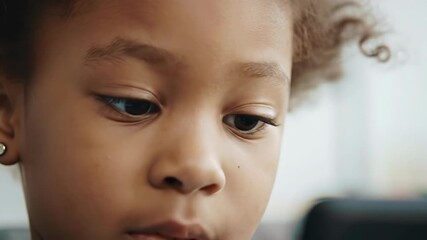 Close-up of a young African American child looking down with focus and concentration, showcasing learning and education. - Powered by Adobe