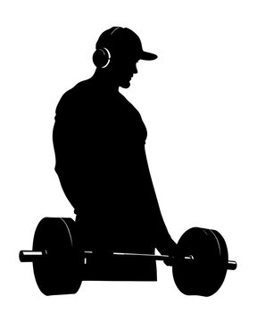 Silhouette of man lifting barbell with headphones &ndash; Gym workout vector