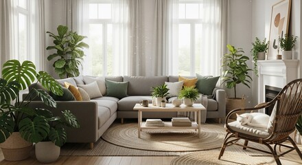 Serene Living Room Interior Design with Abundant Greenery and a Cozy Atmosphere