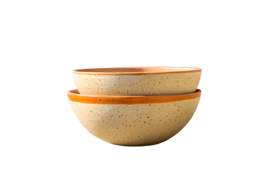 Beautifully crafted handmade ceramic bowls, showcasing speckled textures and warm earthy tones, perfectly nested and isolated on a clean white background for versatile presentation
