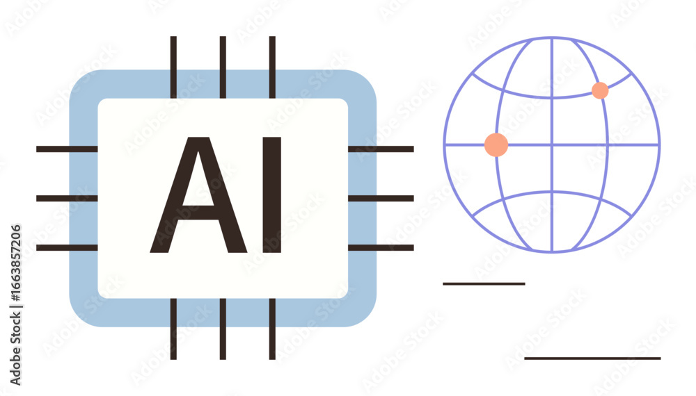 Poster ai microchip connected to a globe with data points, symbolizing global tech innovation, machine lear