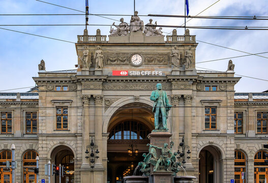 Zurich Central SBB Train Station or HBB Hauptbahnhof with Alfred Escher statue