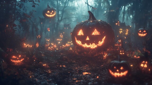 Hauntingly illuminated jack-o'-lanterns set amidst an eerie forest on Halloween night with a magical glow - Powered by Adobe
