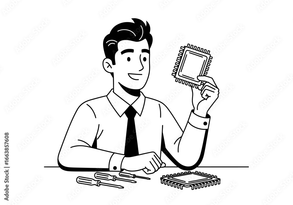 Aufkleber skilled technician carefully examining and holding a computer processor chip while working at a desk