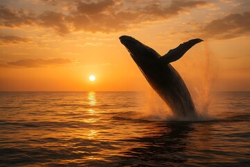 Fototapeta premium Humpback whale breaching at sunset ocean wildlife photography marine mammal whale watching travel destination