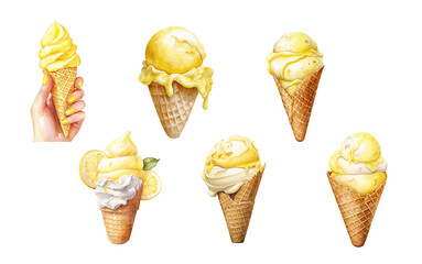 Collection of yellow lemon ice cream in waffle cones. Realistic sweet dessert set isolated on white background. Summer treats clipart.
