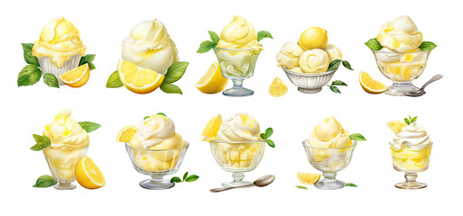 Collection of yellow lemon ice cream in waffle cones. Realistic sweet dessert set isolated on white background. Summer treats clipart.