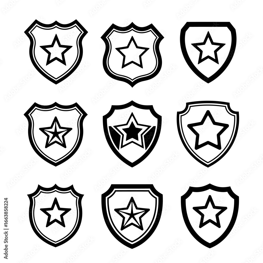 Aufkleber collection of star shield emblems featuring different designs and styles for use in graphic design p