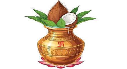 Auspicious hindu puja kalash with coconut and a swastika symbol on a transparent background png