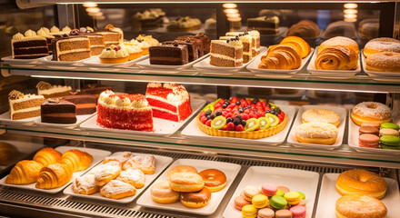 Various Cakes, Desserts, and Pastries Displayed in a Bakery Showcase