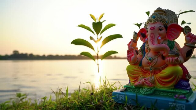 Colorful Lord Ganesha idol near the water's edge at sunset, Hindu God statue, religious festival, religion and spirituality